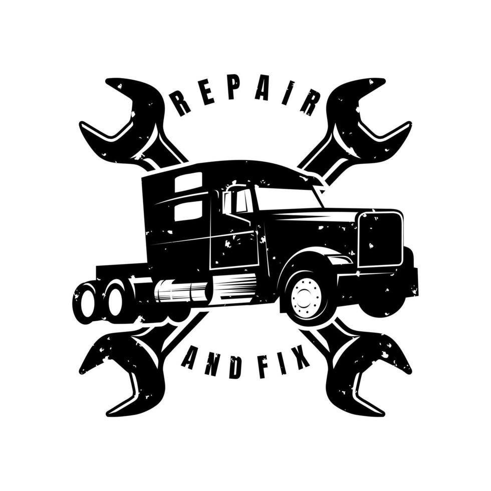 semi truck repair illustration logo design vector